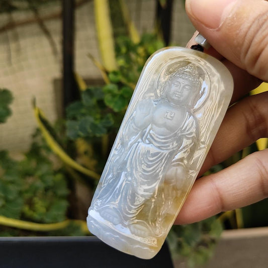 Natural Type A Jadeite Pendant with NGI Gemstone Report Crafted with Buddha near colorless with light yellowish-brown patches with good translucency , weighs 40.07 grams , 69.18 * 30.95 * 7.27 mm (pendant146) Yi Pin Qian