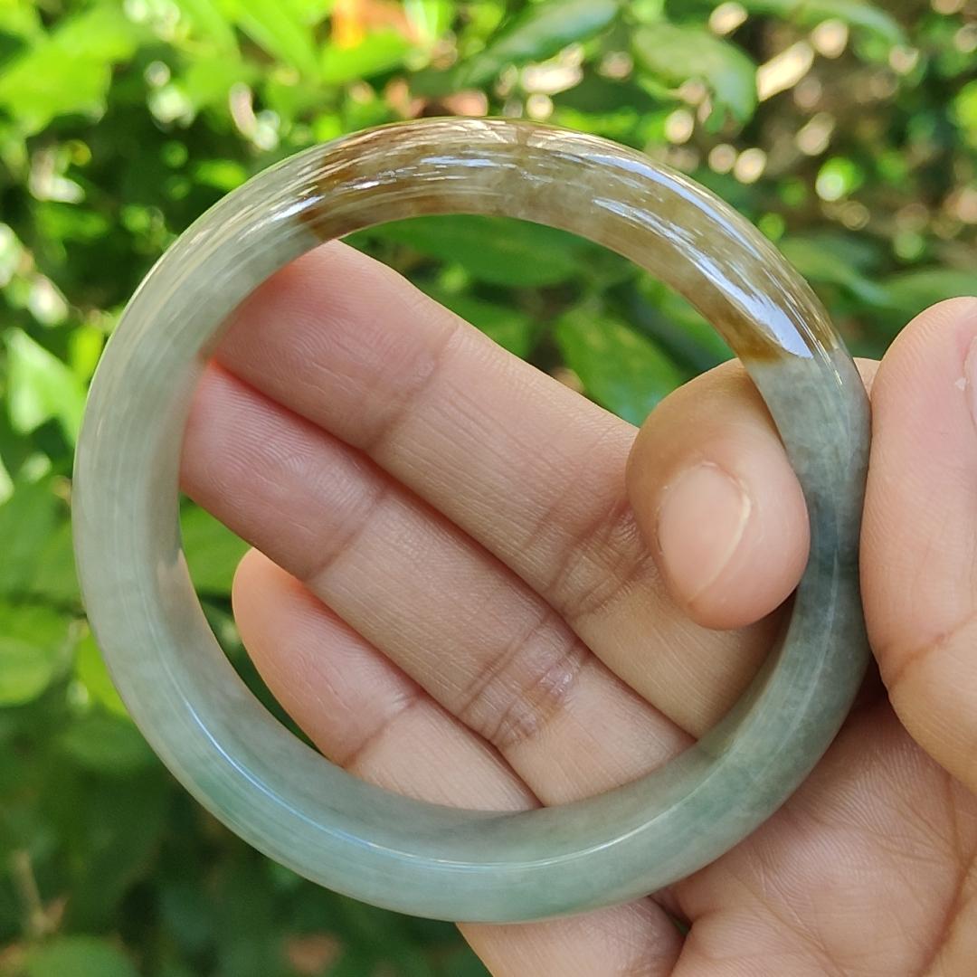 53.5 mm Light Green with Brown Patch Quality Burma Natural Type A Jadeite Jade crafted as Peace Bangle, certificate weighs 50.76 grams, Width: 13 mm Thickness: 7.6 mm (bangle16) Yi Pin Qian Jadeites Jade Jewelry ~Your Precious Quintessential ~ Singapore
