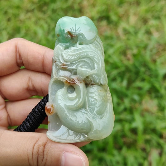 Green with Red Patches Natural Type A Jadeite Pendant Necklae Crafted with Old School Phoenix and ruyi with certificate weigh 50.24 grams, 67.7 * 35 * 11.8 mm, symbols of Good luck and a good life noble authority (pendant23) Yi Pin Qian
