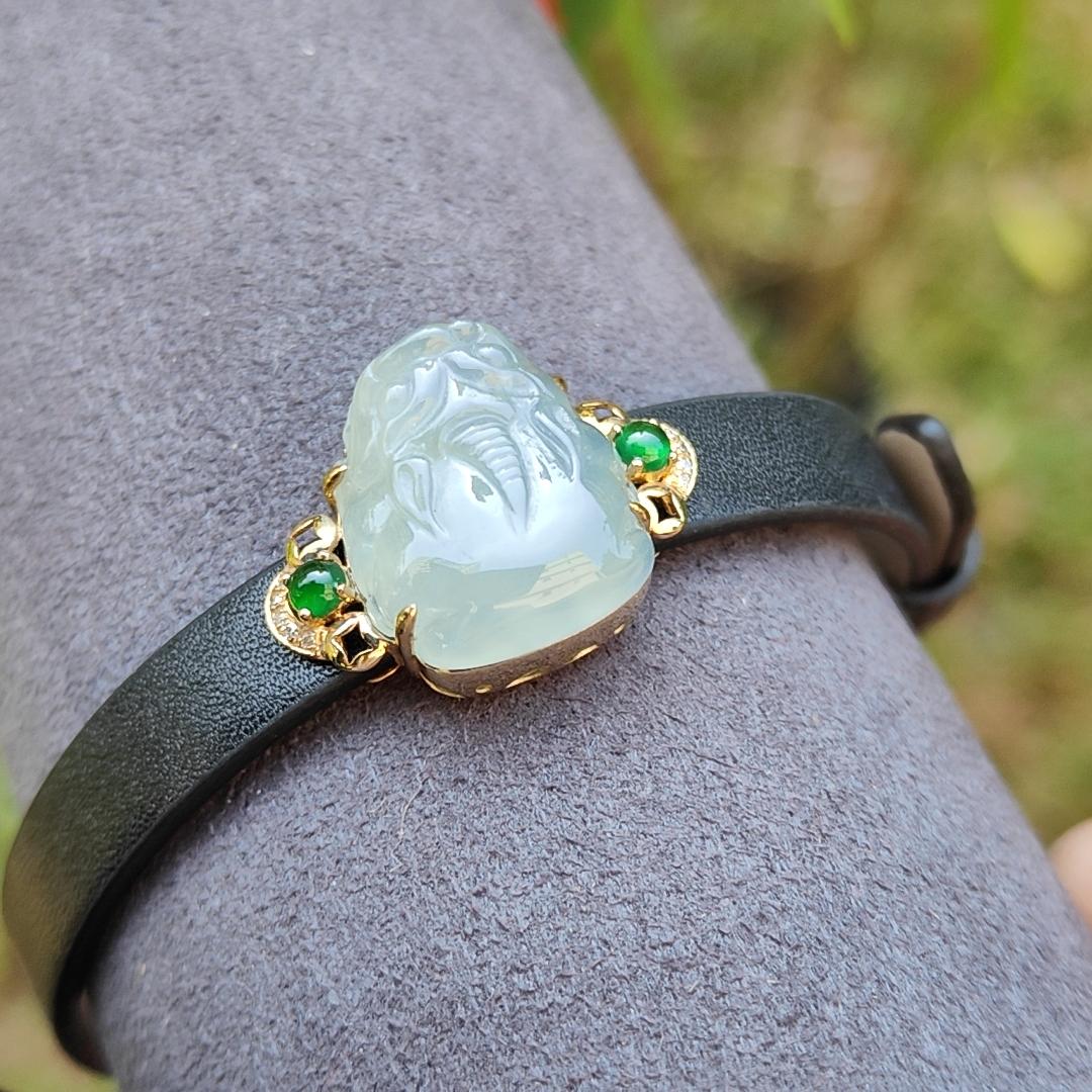 Light Green Hue Natural Type A Jadeite Jade crafted as Pixiu set on 18k Gold with 2 Green Cabochon and diamonds, adding PU wrist band upgraded elegant style bracelet, certificate weigh 4.44 grams, measurement 16.6 * 14.1 * 7.5 mm (18kpw1) Yi Pin Qian