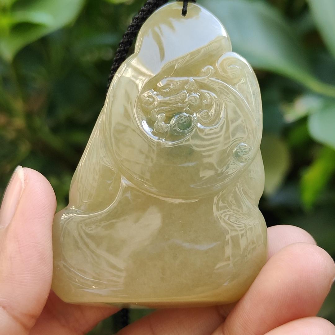 Collector doesn't want to Miss!!! - Super Rare High Premium Icy Yellow with Green patches Bodhidharma Pendant / Display Natural Type A Jadeite Jade certificate weighs 73.89 grams, measurement 61 * 43.6 * 18.5 (pendantdis386) Yi Pin Qian Jadeites Jade Jewelry ~Your Precious Quintessential ~ Singapore
