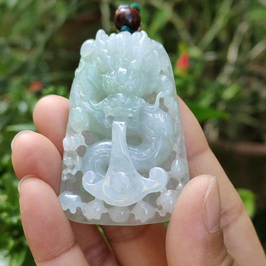Light Green and White Natural Type A Jadeite Pendant Necklace crafted as Domineering dragon water absorbing pendant, symbols of Rise to prominence, certificate included weigh 43.48 grams, 56.5 * 36.8 * 13.4 mm, suitable for daily wear (pendant37) Yi Pin Qian