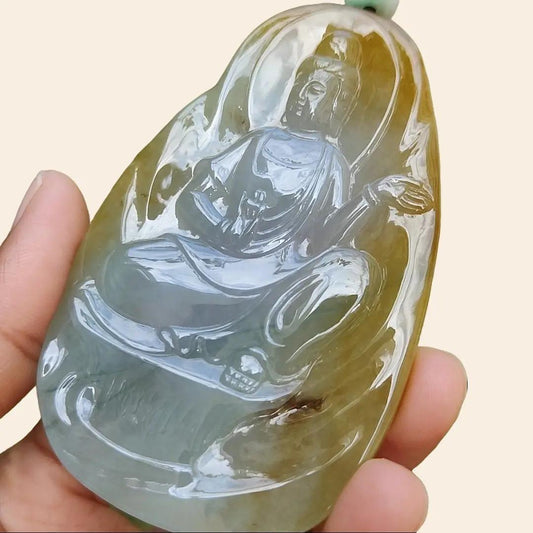 Hugh High Quality Light Green, Yellow Brown and Red Natural Type A Jadeite Jade crafted as Guanyin for Pendant, certificate weighs 79.47 grams, measurement 83.3 * 52.6 * 8.5 mm (pendant282) Yi Pin Qian