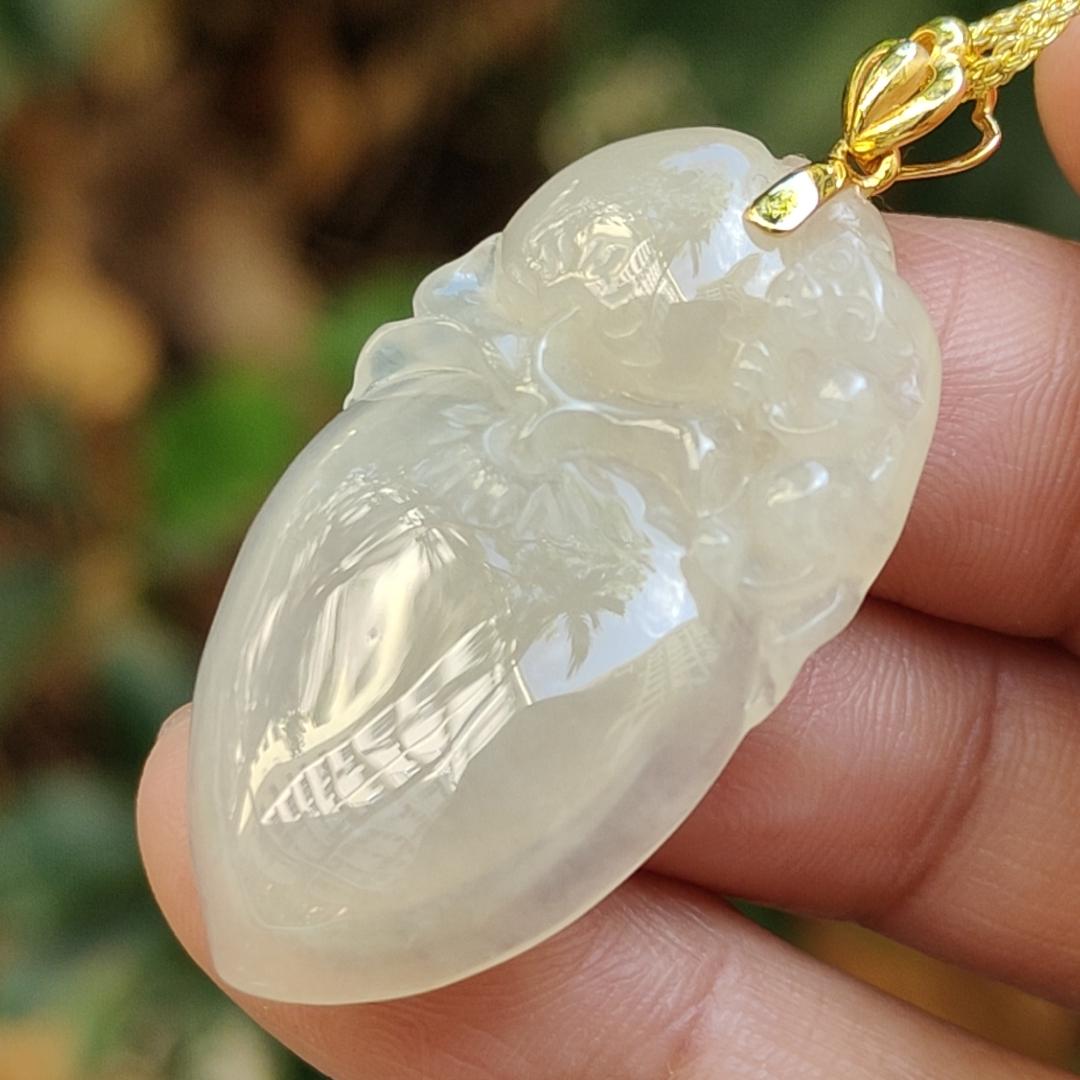 Semi Icy Yellow Natural Type A Jadeite Jade crafted with Monkey and Peach as Pendant with 18k clasp, certificate weighs 6.97 grams, measurement 35 * 21.2 * 5.5 mm (18kp91) Yi Pin Qian Jadeites Jade Jewelry ~Your Precious Quintessential ~ Singapore