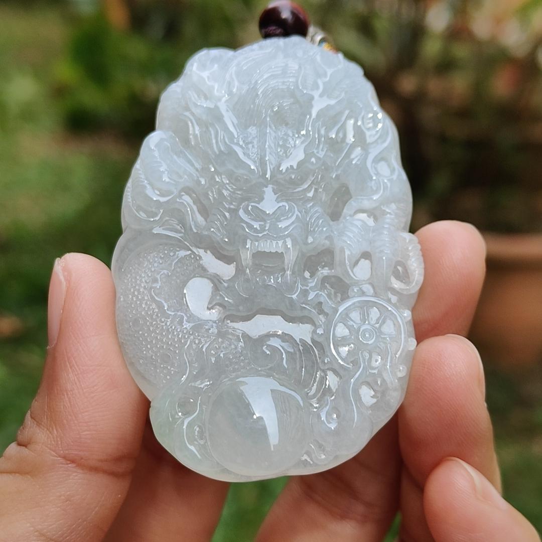 Semi Icy Premium Natural Type A Jadeite Jade crafted as Dragon with certificate weigh 49.63, measurement 64.8 * 42.5 * 10.5 mm (pendant190) Yi Pin Qian