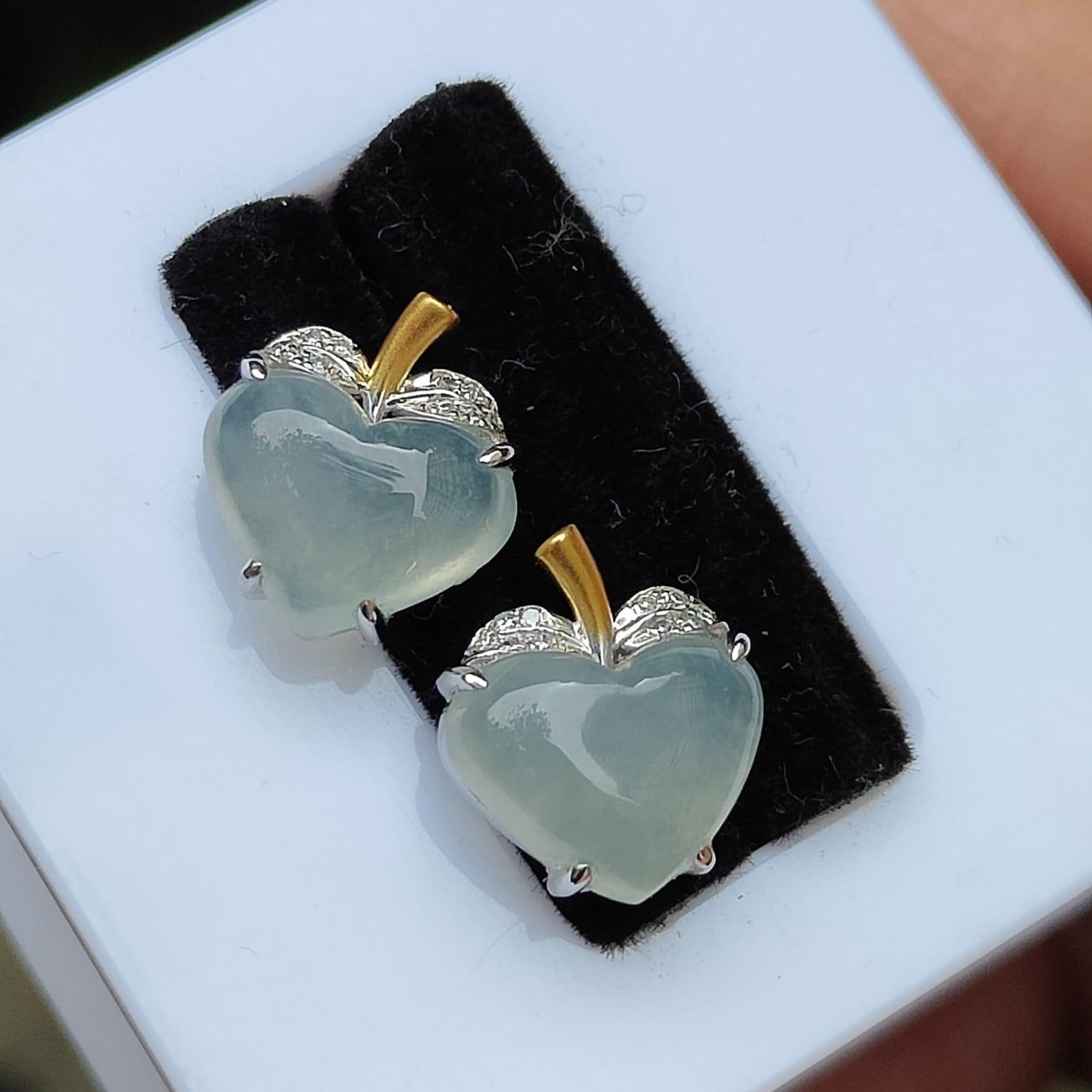 Heart Shape Icy Translucent Natural Type A Jadeite Jade Cabochons design as Apple shape with 18k stud earrings, certificate weighs 2.65 grams (18k06) Yi Pin Qian Jadeites Jade Jewelry ~Your Precious Quintessential ~ Singapore