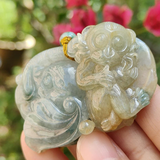 Light green and Yellow Natural Type A Jadeite Pendant, a rare collection carved with Monkey, Elephant and Ruyi, symbols of Wisdom, strength, authority, good luck and protection, certificate included weigh 47.85 grams, 55.7 * 36 * 13.8 mm (pendant74) Yi Pin Qian