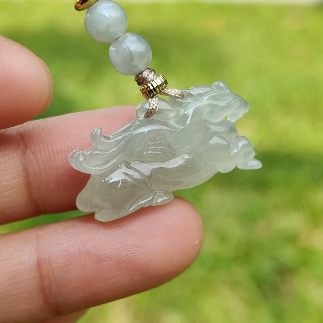 Icy with light green base Natural Type A Jadeite Pendant Necklace crafted as Flying Horse symbols of Good luck is coming soon, Longma spirit with QIC approved certificate weigh 4.55 grams, 15.6 * 28 * 6.3 mm (pendant65) Yi Pin Qian