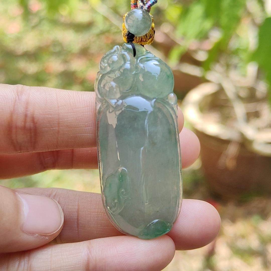 Premium Quality Icy Translucent Green with Green Patches Natural Type A Jadeite Jade crafted with Squirrel and Ruyi as Pendant, certificate weigh 17.83 grams, measurement 49.3 * 21 * 9.3 mm (pendant225) Yi Pin Qian