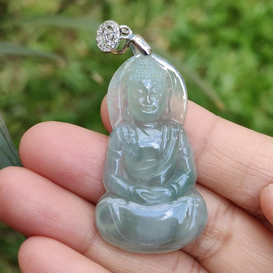 Premium Icy Good Translucency Green Hue Natural Type A Jadeite Pendant Necklace crafted as Buddha with certificate weigh 8.65 grams, 42.5 * 23.8 * 5.8 mm, collectible jadeite suitable for daily wear Yi Pin Qian