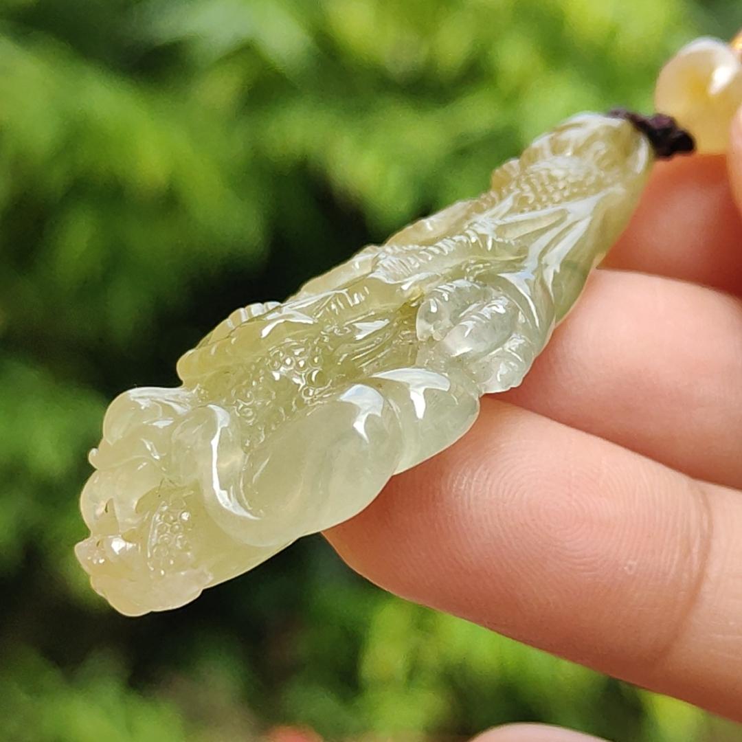 Premium Icy Yellow Natural Type A Jadeite Jade crafted with Dragon as Pendant certificate weighs 15.64 grams, measurement 50.6 * 27 * 11.5 mm (pendant253) Yi Pin Qian
