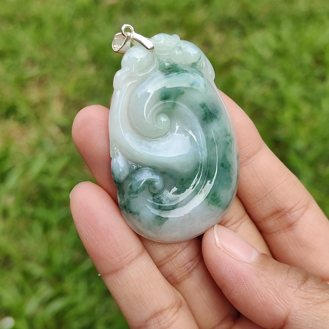 Special Offer, Green with Light Green Floating Flower (Piaohua) Natural Type A Jadeite Pendant Necklace crafted with Bat on Ruyi with certificate weigh 17.71 grams, 51.6 * 34.5 * 6 mm sysmbols of Happiness, auspiciousness (pendant103) Yi Pin Qian