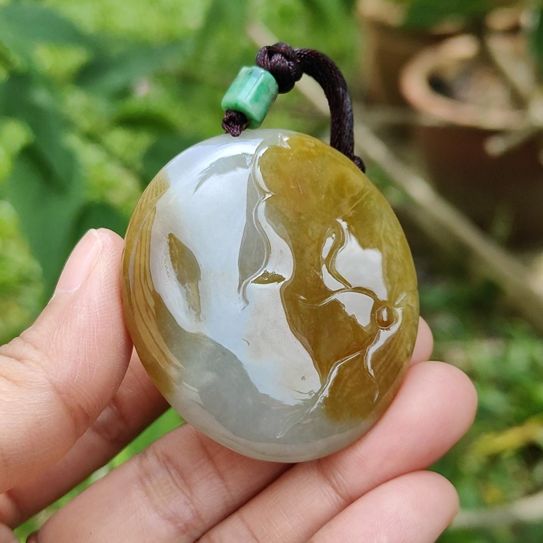 Collectible Yellow with light green Natural Type A Jadeite Jade Pendant Necklace crafted as Milo Buddha, certificate included weigh 38.28 grams, measurement 48.7 * 42.8 * 11 mm (pendant184) Yi Pin Qian