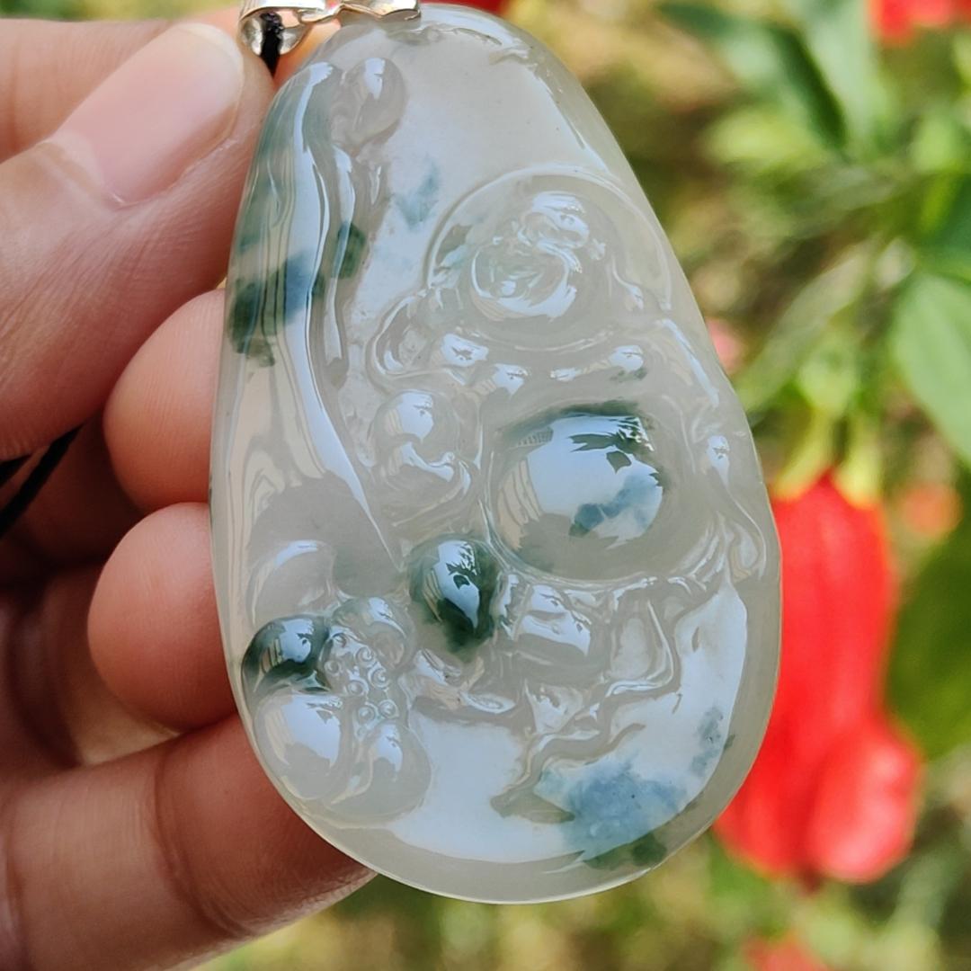 Special Sales - Rare Green Patches White with Yellow Hue Natural Type A Jadeite Jade crafter with Milo Buddha as Pendant, certificate weigh 17.2 grams, measurement 54.2 * 30.5 * 5.9 mm (pendant214) Yi Pin Qian