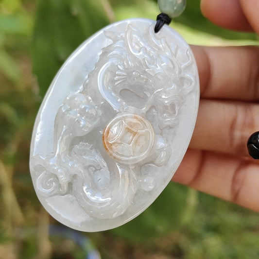 Golden Yellow Spreads on the Coin crafted with a Dragon Natural Type A Jadeite Pendant with certificate weigh 23.41 grams, 54.6 * 36.9 * 8 mm, symbols of Authoritative, honorable, auspicious and prosperous suitable for daily wear or collection (pendant59) Yi Pin Qian