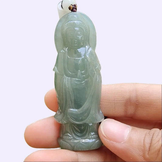 Good Quality Light Green Natural Type A Jadeite Jade crafted with standing Guanyin as Pendant, certificate weighs 31.45 grams, measurement 65.2 * 24.1 * 11 mm (pendant259) Yi Pin Qian