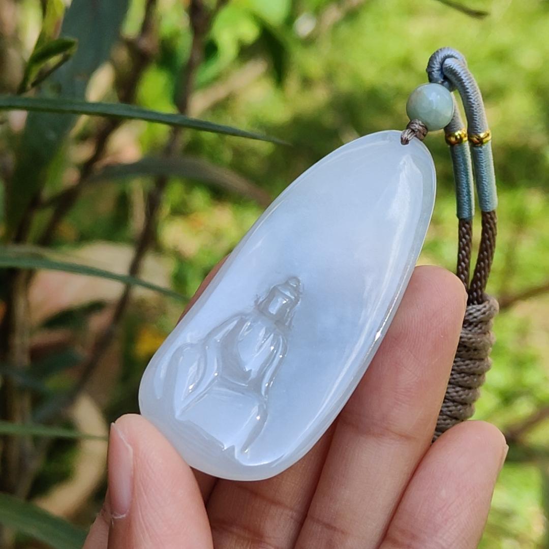 Crafted as the faceless buddha Semi Icy Natural Type A Jadeite Pendant Necklace with certificate weigh 14.03 grams, 58 * 26 * 4.9 mm, suitable for daily wear Yi Pin Qian