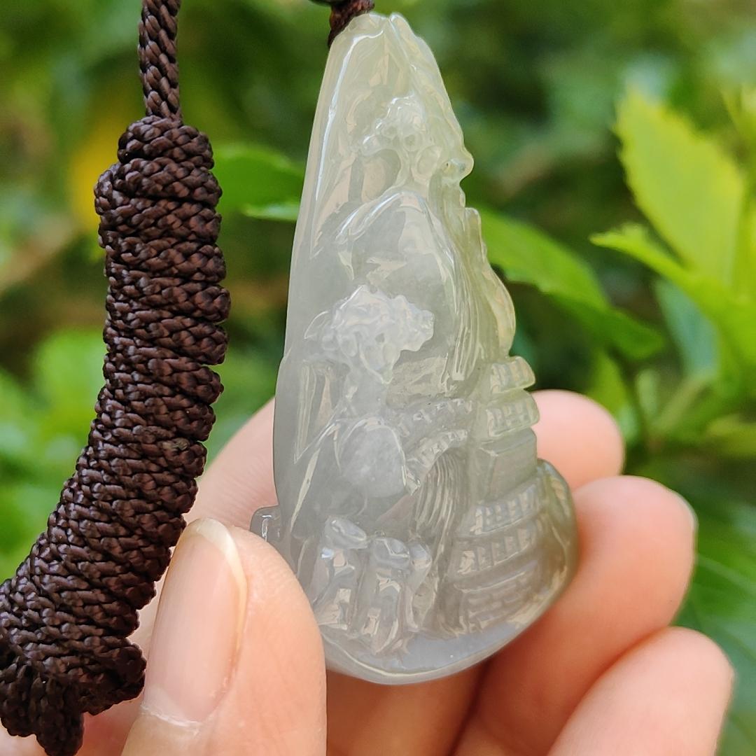 Very Unique and Rare Light Purple with Yellow Natural Type A Jadeite Pendant Crafted with waterfall, moutain, houses and coconut trees, symbols of money, power of life, Extend upwards with certificate weigh 31.55 grams, 49 * 32.3 * 13.5 mm, (pendant70) Yi Pin Qian