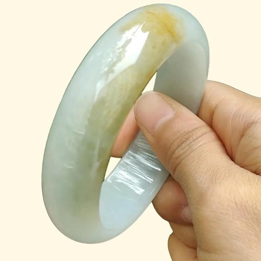 Beautiful Crafted as 59mm Peace Bangle with Light Green Hue, Brownish Yellow Type-A Natural Jadeite-Jade certificate weighs 77.9 grams, Width: 17.6 * Thickness 8 mm (bangle12) Yi Pin Qian Jadeites Jade Jewelry ~Your Precious Quintessential ~ Singapore