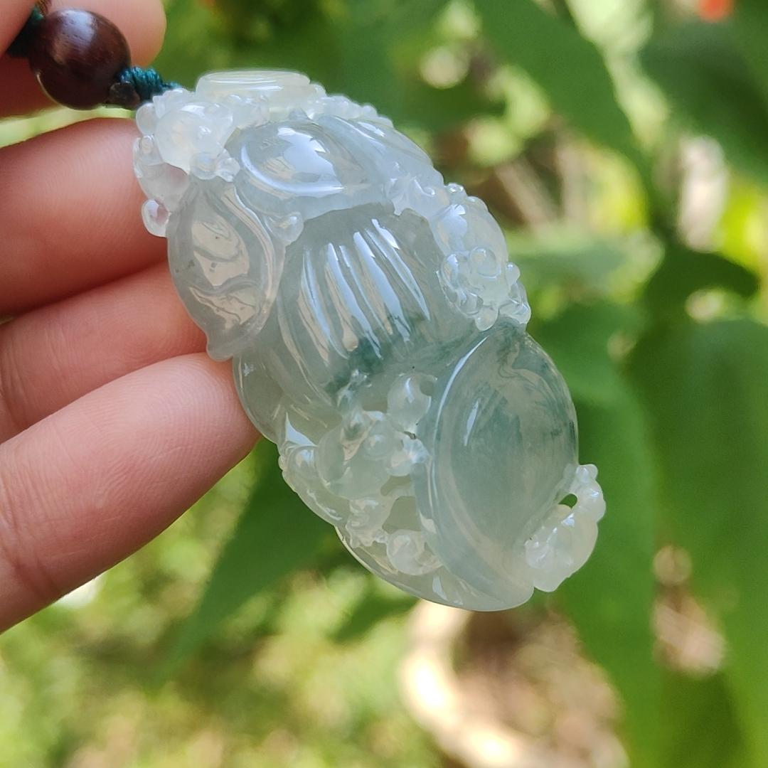 Premium Light Green Semi Icy Natural Type A Jadeite Jade Pendant crafted with frogs, coins and lotus with certificate weigh 35.12 grams, measurement 50.7 * 24.7 * 18.2 mm (pendant193) Yi Pin Qian