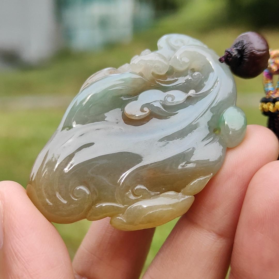 Reddish, Yellow and Green Natural Type A Jadeite Jade Pendant Necklace Crafted with Dragon and Ruyi with certificate weigh 40.57 grams, measurement 53.6 * 34.8 * 15 mm, symbols of Good luck, happiness and health (pendant189) Yi Pin Qian