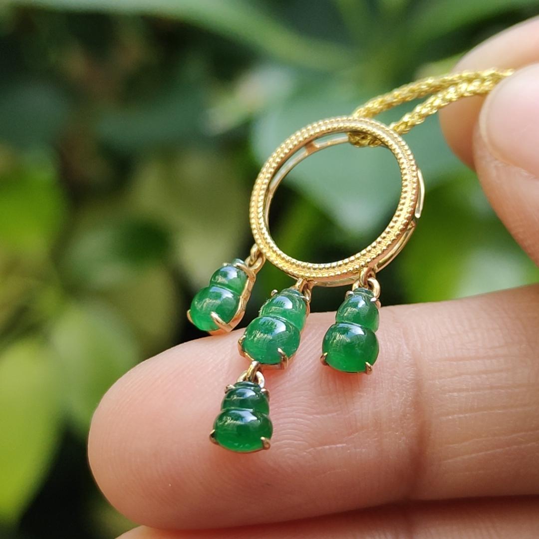 Four Green Gourd Shape Natural Type A Jadeite Jade set with 18k as Pendant, certificate weighs 1.66 grams (18kp93) Yi Pin Qian Jadeites Jade Jewelry ~Your Precious Quintessential ~ Singapore