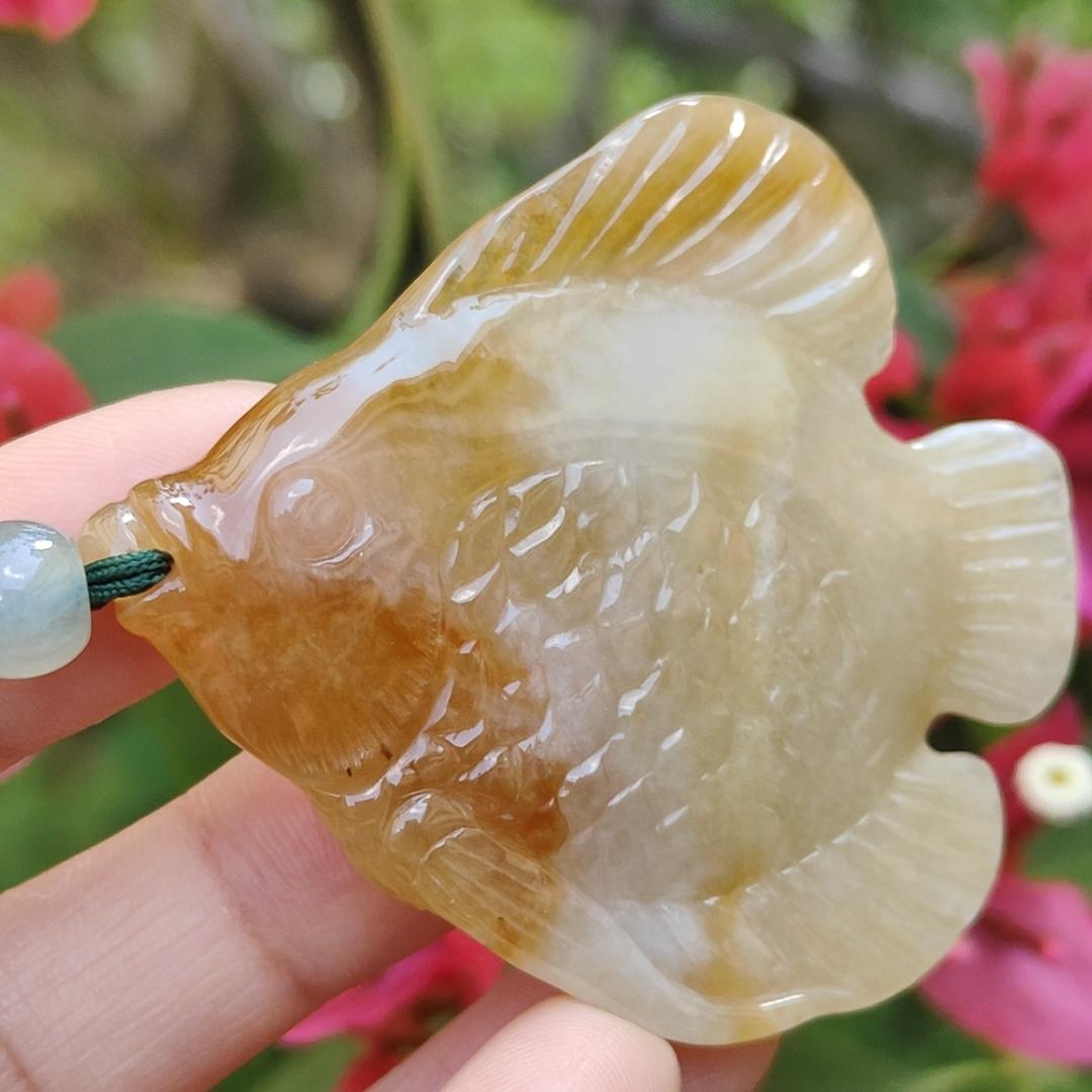 Yellow Natural Type A Jadeite Pendant carved as Fish with certificate weigh 28.33 grams, 55 * 50.2 * 7 mm, meaning Many sons and many blessings, full of children and grandchildren and Life is harmonious and smooth,free from worries and sorrows (pendant77) Yi Pin Qian