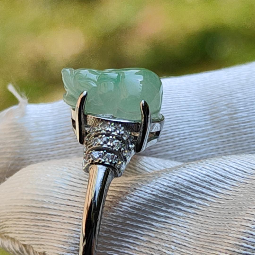 Icy Light Green with green patches Natural Type A Jadeite Jade crafted as Pixiu set on S925 adjustable as Ring with certificate weigh 2.68 grams, measurement 10.5 * 7.7 * 4.6 mm (s925ring7) Yi Pin Qian