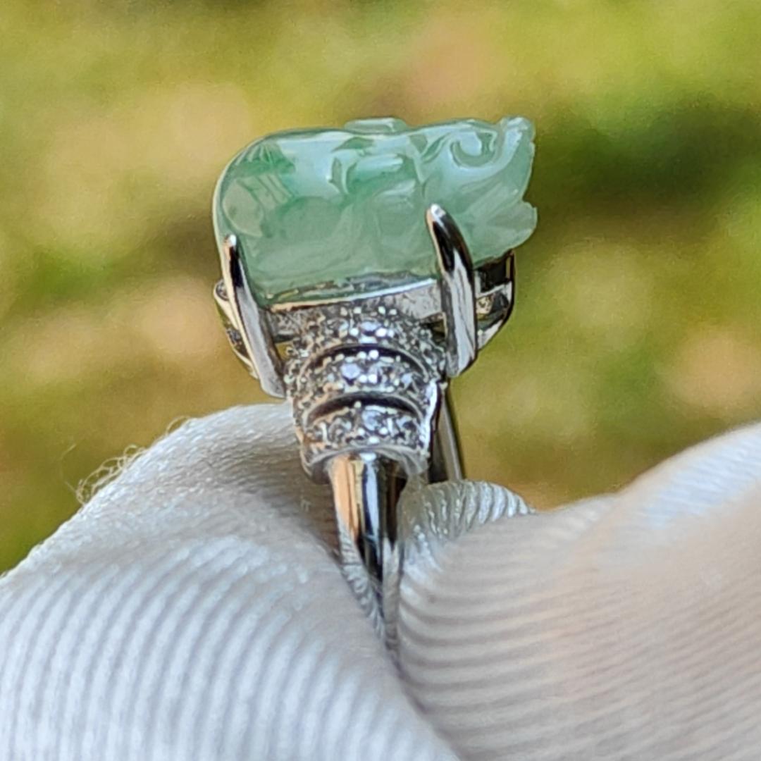 Icy Light Green with green patches Natural Type A Jadeite Jade crafted as Pixiu set on S925 adjustable as Ring with certificate weigh 2.68 grams, measurement 10.5 * 7.7 * 4.6 mm (s925ring7) Yi Pin Qian