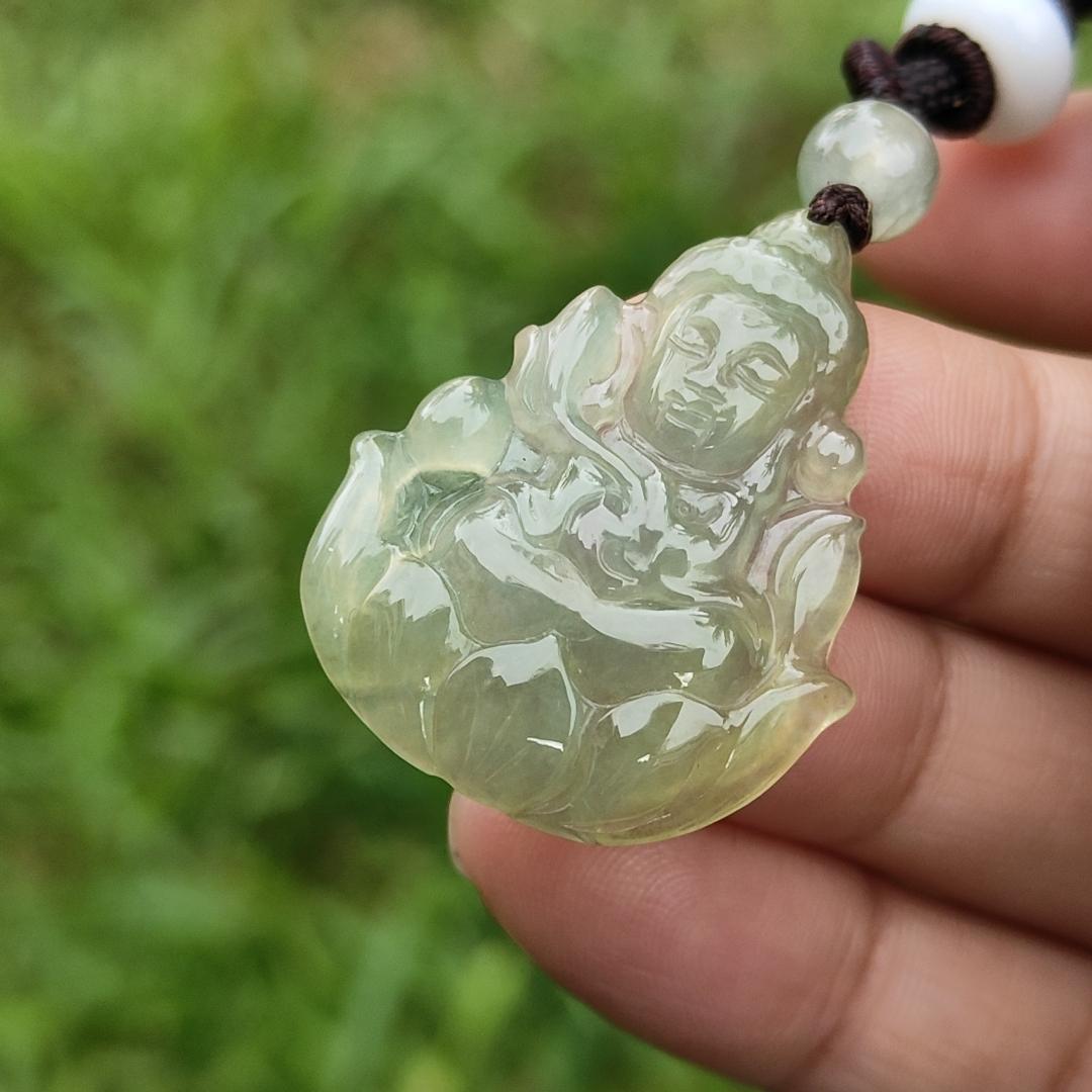 Icy Yellow Natural Type A Jadeite Pendant Necklace crafted as Baby Guanyin seating on Lotus, with certificate weigh 4.78 grams, measurement 31.5 * 26 * 4.3 mm (pendant40) Yi Pin Qian