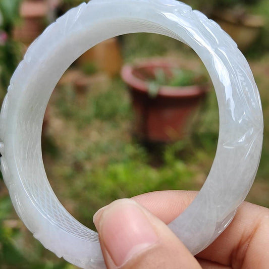 Light Lavender Natural Type A Jadeite Jade crafted with Pattern of Flowers with shape of Peace Bangle Bracelet , certificate weigh 60.82 grams, measurement 14 * 8.6 mm, Bangle Wrist Size: 56.5 mm (bangle6) Yi Pin Qian
