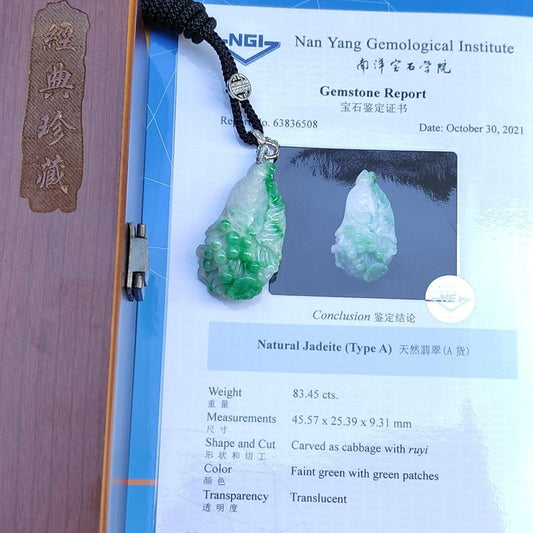 Natural Type A Jadeite carved as cabbage with ruyi - NGI Certification , Weight 83.45 g , Translucent with faint green and green patches , [45.47 * 25.39 * 9.31 mm] , Premium Myanmar Jadeite Pendant (pendant150) Yi Pin Qian