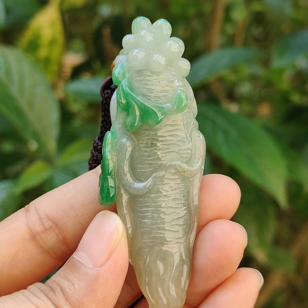 With Green and Light Green Ginseng Ruyi Natural Type A Jadeite pendant come with certificate weight 40.59 grams, 72.30 * 24.80 * 20 mm meaning Auspicious, representing good luck, happiness, joy, and wealth boosting you wearing it (pendant97) Yi Pin Qian