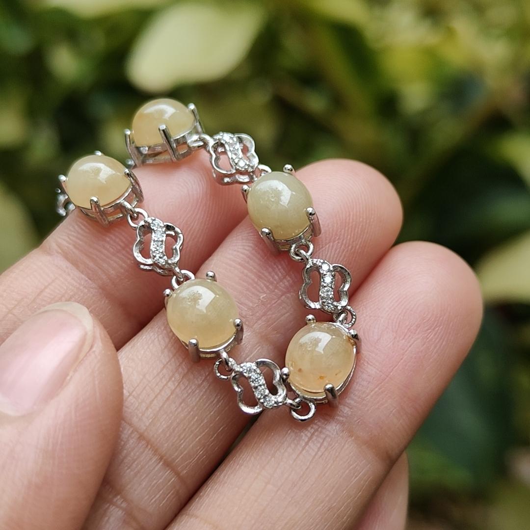 5 Good size Quality Brownish Yellow Cabochons crafted on Natural Type A Jadeite Jade set on S925 as Bracelet certificate weighs 5.43 grams (s925b3) Yi Pin Qian Jadeites Jade Jewelry ~Your Precious Quintessential ~ Singapore