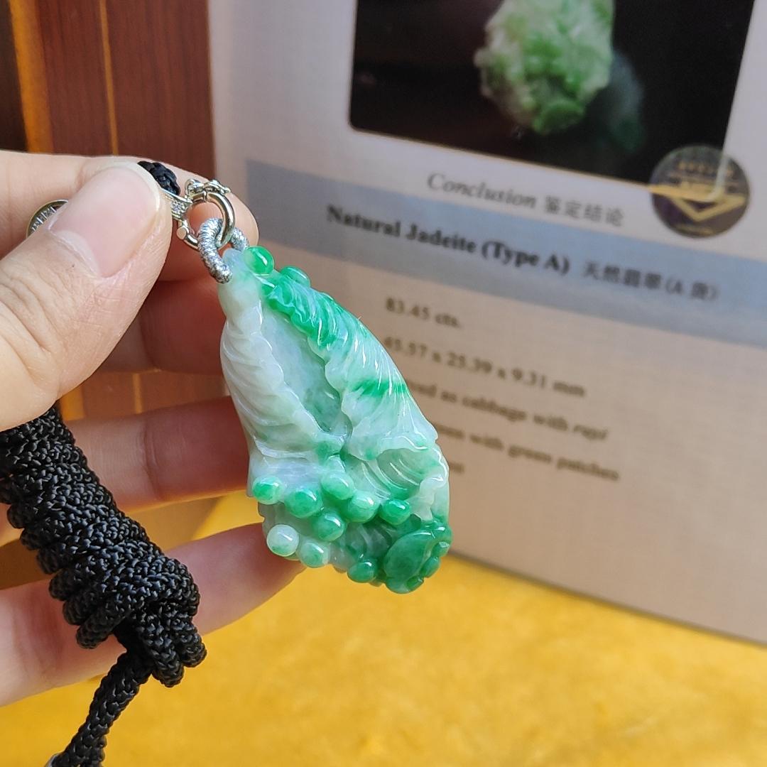 Natural Type A Jadeite carved as cabbage with ruyi - NGI Certification , Weight 83.45 g , Translucent with faint green and green patches , [45.47 * 25.39 * 9.31 mm] , Premium Myanmar Jadeite Pendant (pendant150) Yi Pin Qian