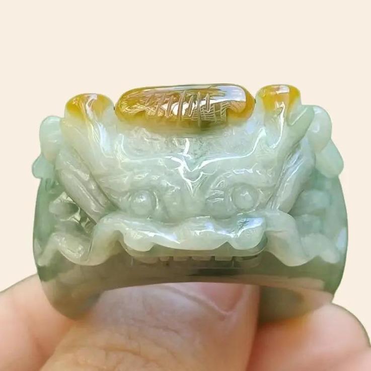 Green Hue Patches and Yellow Natural Type A Jadeite-Jade crafted as Dragon Ring with finger size 20.8mm, certificate weighs 26.8 grams, measurement 39.2 * 31.6 * 15.5 mm (ring12) Yi Pin Qian Jadeites Jade Jewelry ~Your Precious Quintessential ~ Singapore