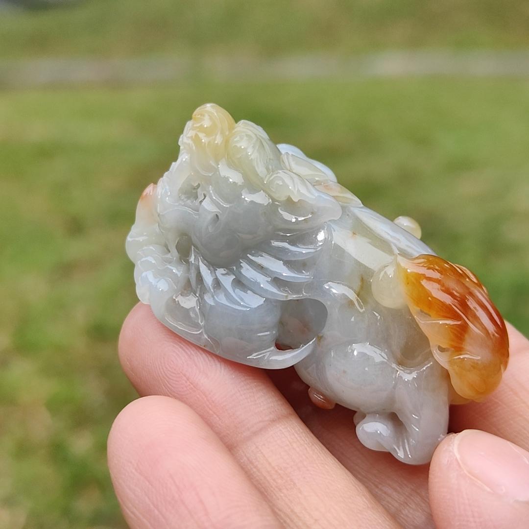Super Rare Reddish,Yellow abd Tea Green Premium Quality Natural Type A Jadeite Jade crafted with Pixiu as Pendant with certificate weigh 34.14 grams, measurement 45.2 * 19.5 * 22.1 mm (pendant221) Yi Pin Qian