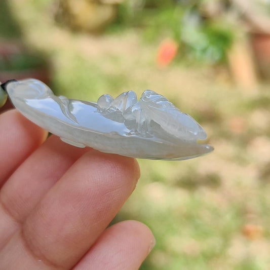 Icy Translucent with Yellow Patches Natural Type A Jadeite Jade crafted with leaf and Cicada as a Pendant, certificate weigh 13.68 grams, measurement 52 * 21.7 * 11.8 mm (pendant224) Yi Pin Qian