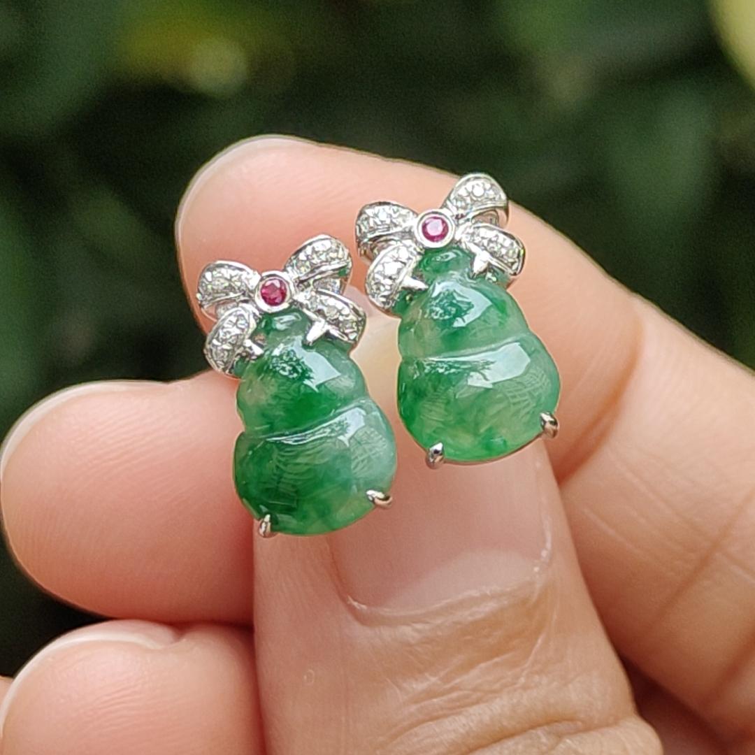 High Quality Light Green with Green Patches crafted as one pair of Gourd on Natural Type A Jadeite Jade as Stud Earrings Certificate weighs 2.38 grams (18k01) Yi Pin Qian Jadeites Jade Jewelry ~Your Precious Quintessential ~ Singapore