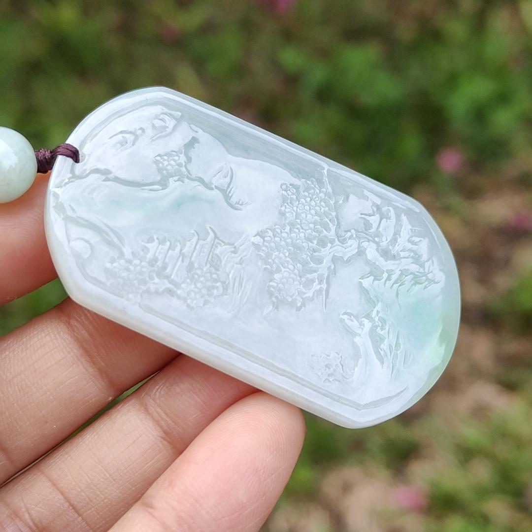Quality Semi Icy White and Light Green Patches Natural Type A Jadeite Jade crafted with sceneries as pendant with QIC labs approved certificate weigh 24.89 grams, measurement 54 * 32 * 4.5 mm (pendant227) Yi Pin Qian