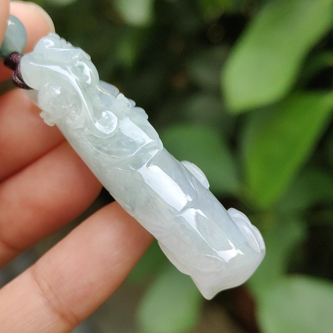 A Bamboo with Pixiu Crafted on Light Green Hue with Light Lavender Natural Type A Burmese Jadeite Jewellery certificate weighs 23.91 grams, measurement 50.3 * 20.6 * 12.8 mm (pendant 318) Yi Pin Qian Jadeites Jade Jewelry ~Your Precious Quintessential ~ Singapore