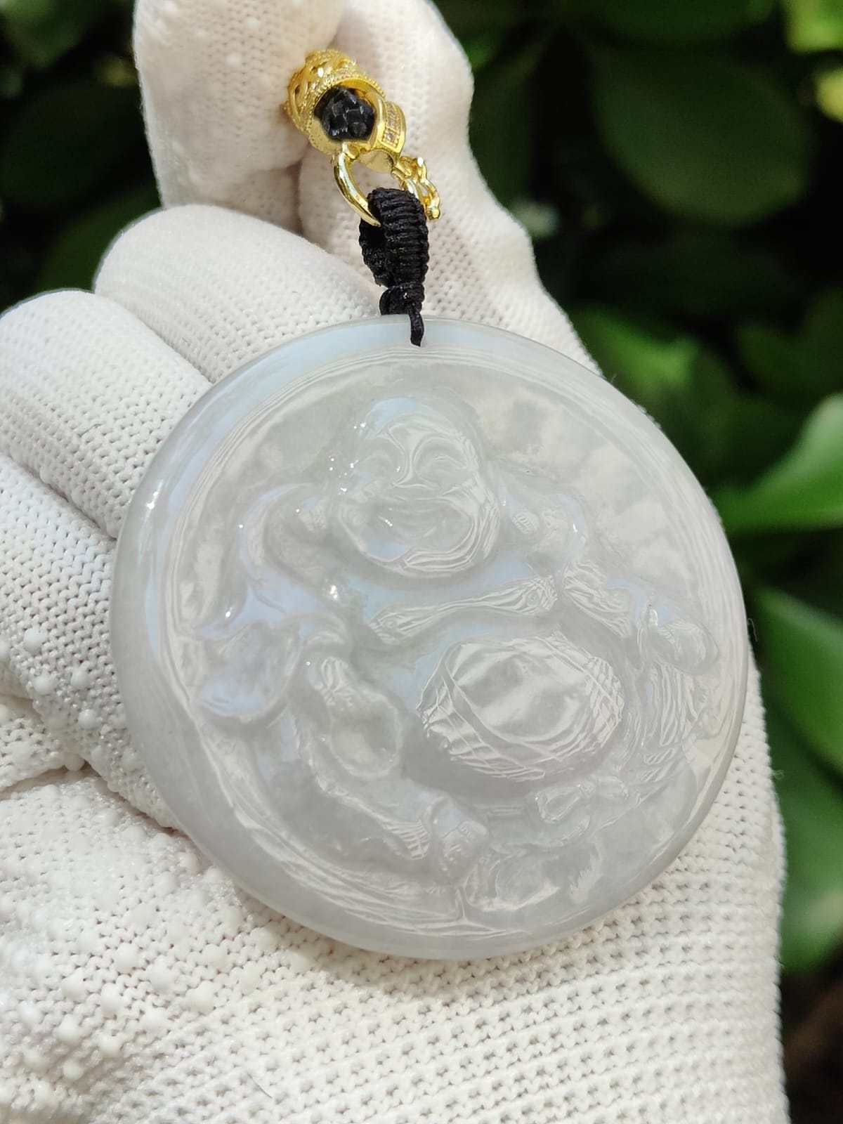Natural Jadeite Jade Laughing Buddha Pendant with Certificate – Light Green & Lavender Hue (Sku: pendant453)