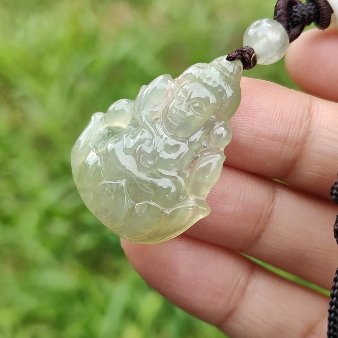 Icy Yellow Natural Type A Jadeite Pendant Necklace crafted as Baby Guanyin seating on Lotus, with certificate weigh 4.78 grams, measurement 31.5 * 26 * 4.3 mm (pendant40) Yi Pin Qian