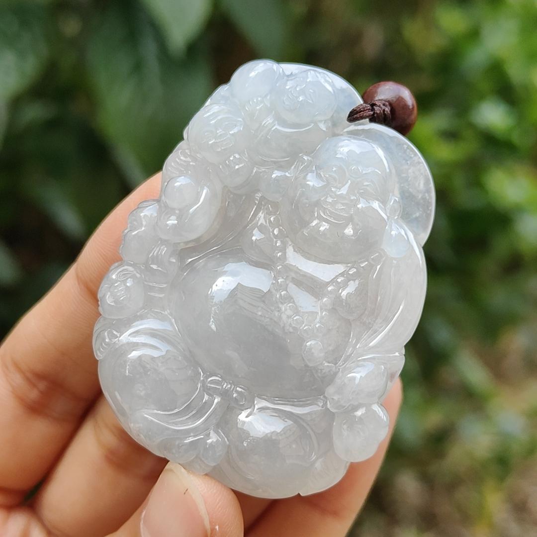 Semi Icy Translucent Natural Type A Jadeite Pendant Necklace Crafted with Milo Buddha with symbols of Be tolerant, smile often, be tolerant and happy, certificate included weigh 45 grams, 54 * 40.5 * 12.3 mm, suitable for daily wear,collection (pendant46) Yi Pin Qian