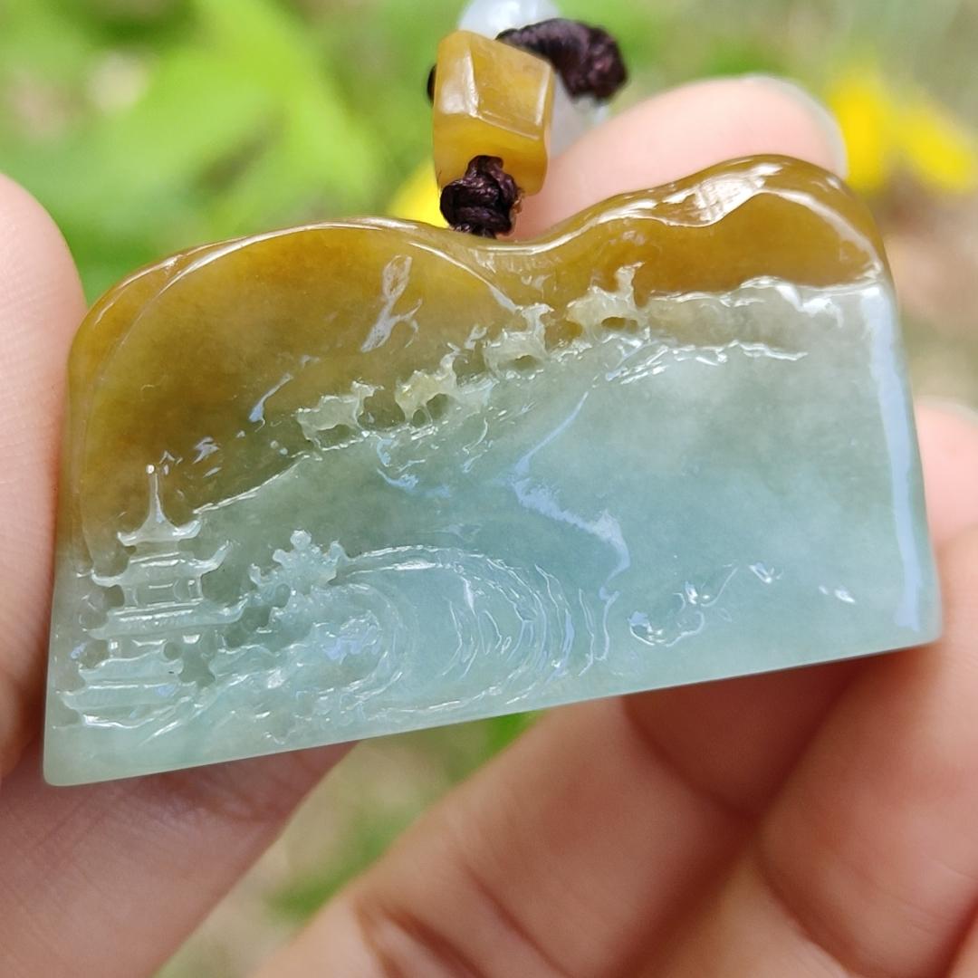 Special Price - Unique Rare Crafted with Mogao Caves on Brown Natural Type A Jadeite Jade as Pendant, certificate weighs 23.9 grams, measurement 23.1 * 41.5 * 13 mm (pendant287) Yi Pin Qian