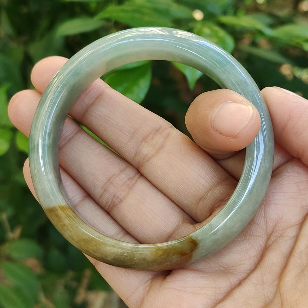53.5 mm Light Green with Brown Patch Quality Burma Natural Type A Jadeite Jade crafted as Peace Bangle, certificate weighs 50.76 grams, Width: 13 mm Thickness: 7.6 mm (bangle16) Yi Pin Qian Jadeites Jade Jewelry ~Your Precious Quintessential ~ Singapore