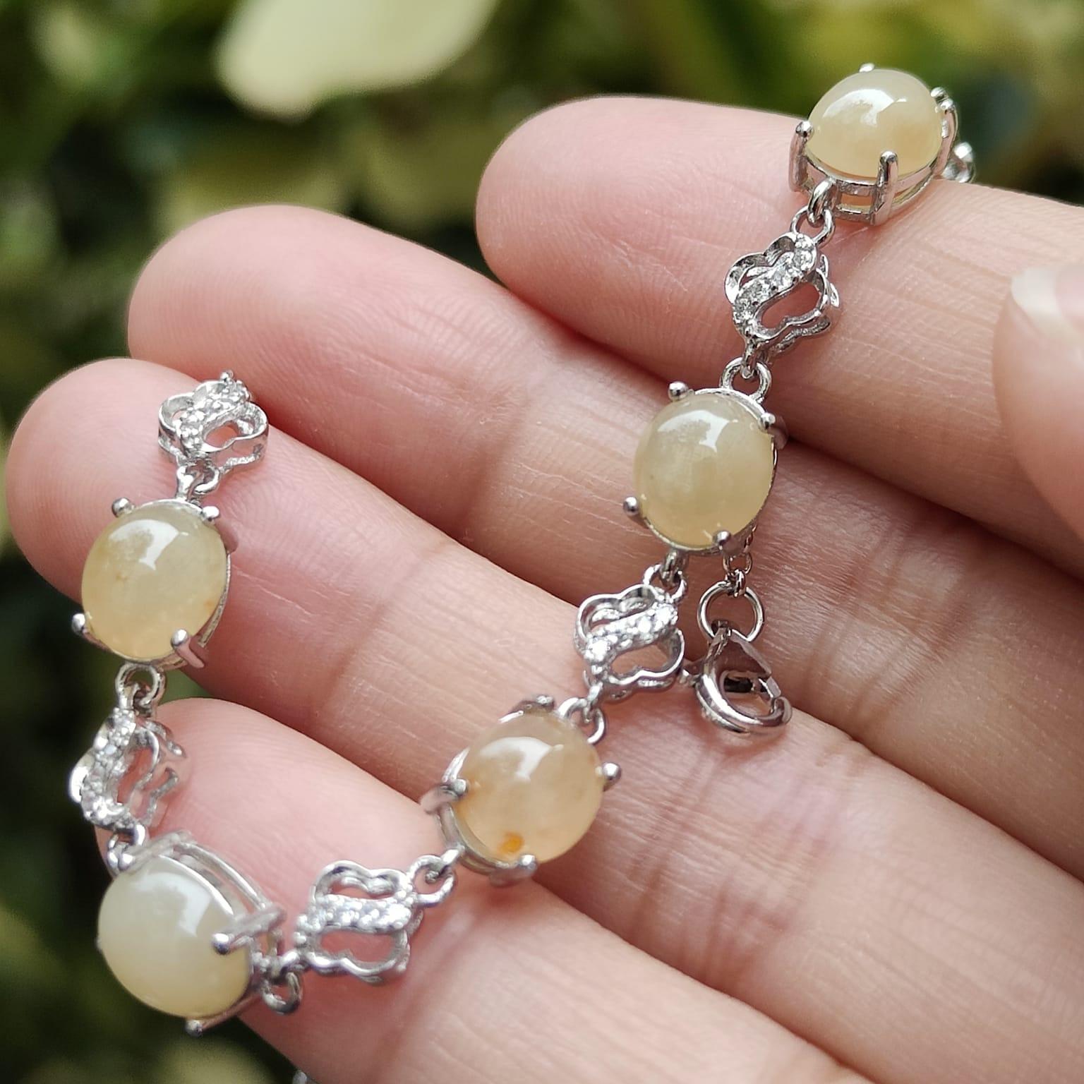5 Good size Quality Brownish Yellow Cabochons crafted on Natural Type A Jadeite Jade set on S925 as Bracelet certificate weighs 5.43 grams (s925b3) Yi Pin Qian Jadeites Jade Jewelry ~Your Precious Quintessential ~ Singapore