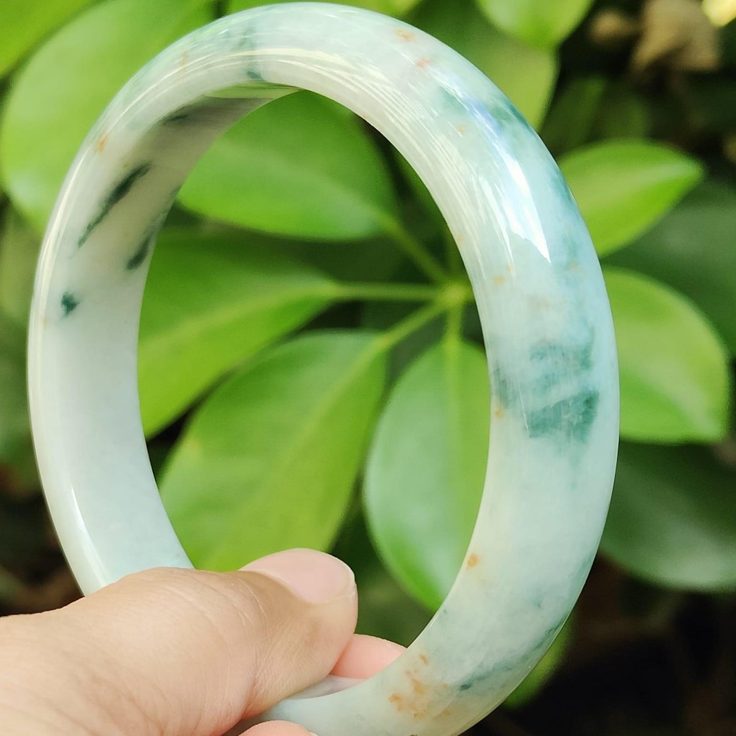 60.8 mm Light Green with Green Patches and Golden Yellow Patches Peace Bangle Natural Type A Jadeite Jade, certificate weighs 63.55 Width 13.5 Thickness 8mm (bangle29) Yi Pin Qian Jadeites Jade Jewelry ~Your Precious Quintessential ~ Singapore