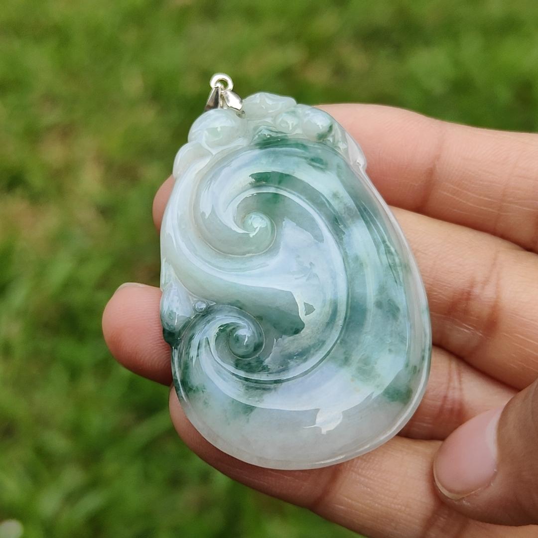 Special Offer, Green with Light Green Floating Flower (Piaohua) Natural Type A Jadeite Pendant Necklace crafted with Bat on Ruyi with certificate weigh 17.71 grams, 51.6 * 34.5 * 6 mm sysmbols of Happiness, auspiciousness (pendant103) Yi Pin Qian