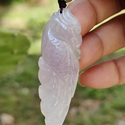 Rare Pinkish Light Lavender Hue Natural Type A Jadeite Pendant Necklace crafted as Parrot symbols of Wise and brave, heroic with certificate weigh 11.33 grams, 51.3 * 17.8 * 8.6 mm, mid-year offer and suitable for daily wear or collections (pendant28) Yi Pin Qian